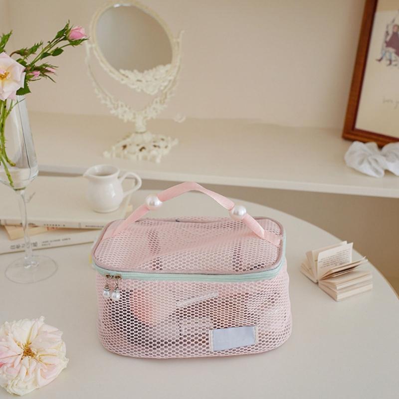 Spacious Nylon Mesh Makeup Bag Cosmetic Organizers Zippers Closures for Travel Bathroom Storage