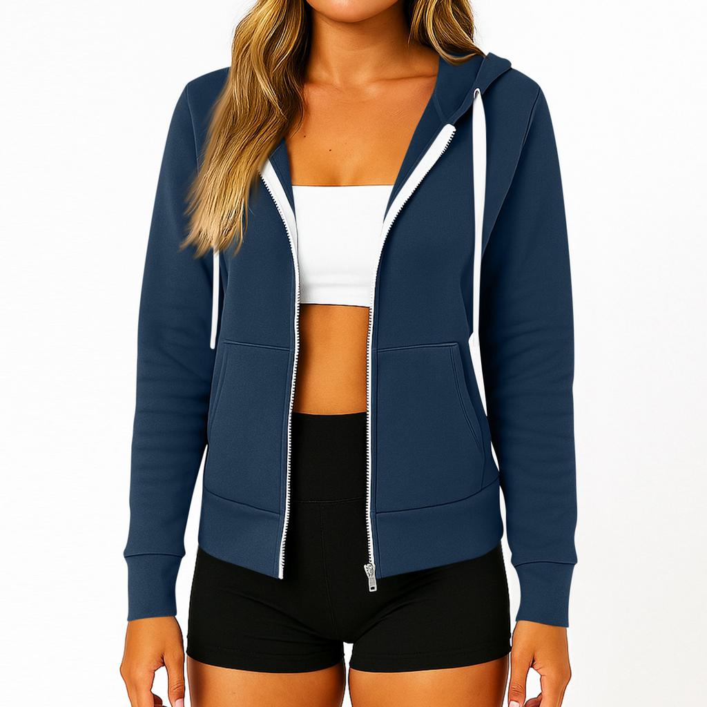 Women's Fashionable Solid Color Long Sleeved Hooded Pocket Zipper Casual Sweatshirt Jacket