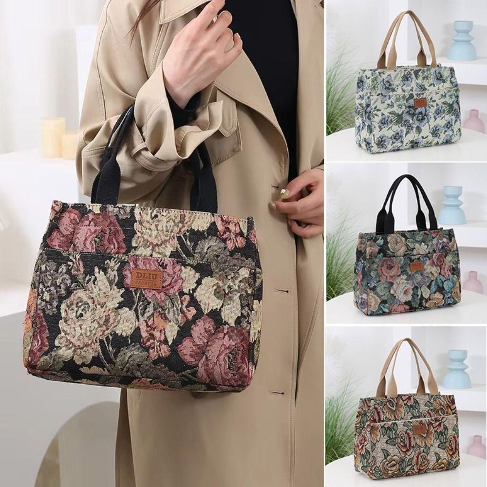 Portable Floral Print Women's Tote Bag Thickened Canvas Lunch Bag Zipper Large Capacity Jacquard Handbag