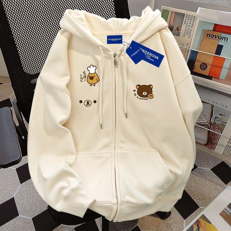 American Cartoon Dog Print Hoodie Women's Autumn Winter Fleece Zipper Open Cardigan Loose Top School Style Long Sleeve