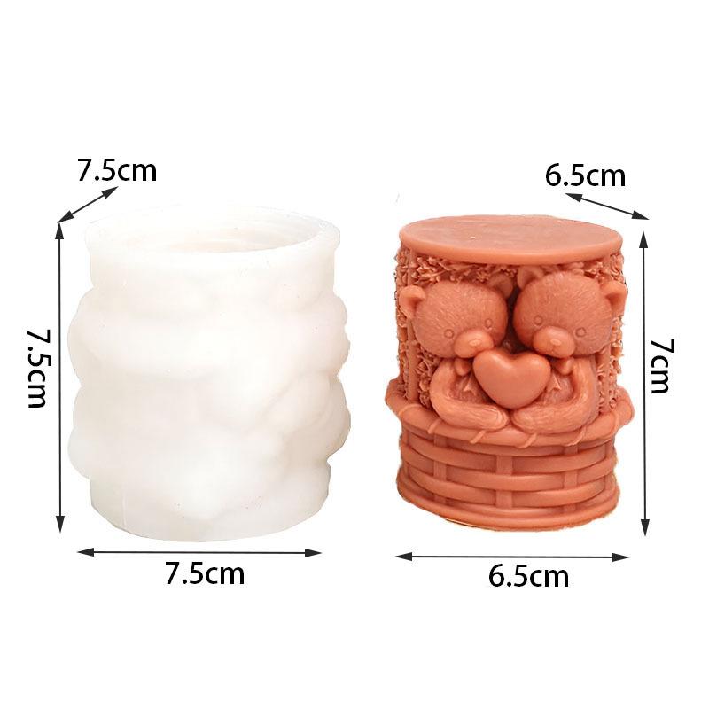 Romantic Twin Bears Holding Heart 3D Silicone Mold Small Bear With Flower Basket DIY Candle Soap Mold