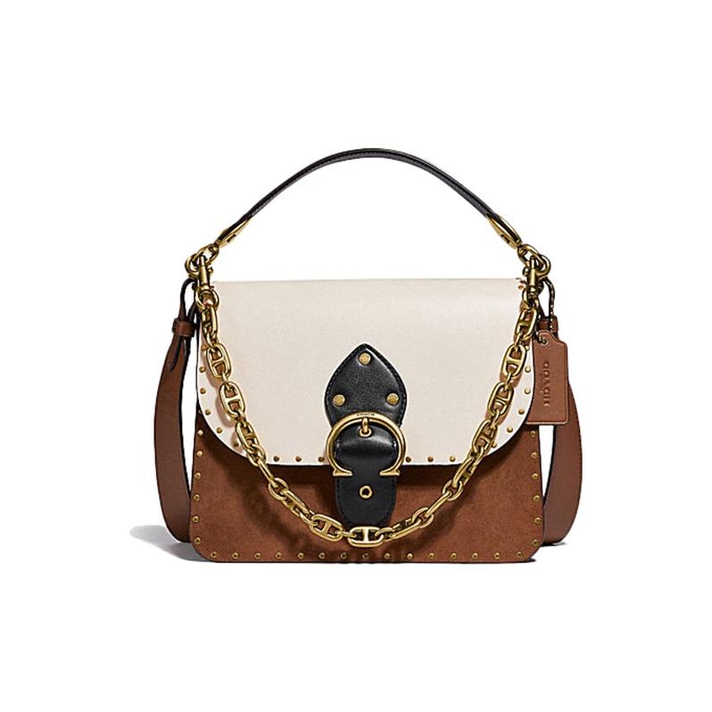 Coach Beat 24 Studded Color Block Chain Handle Leather Square Bag Women Handbags White Brown 4595-B4RGI