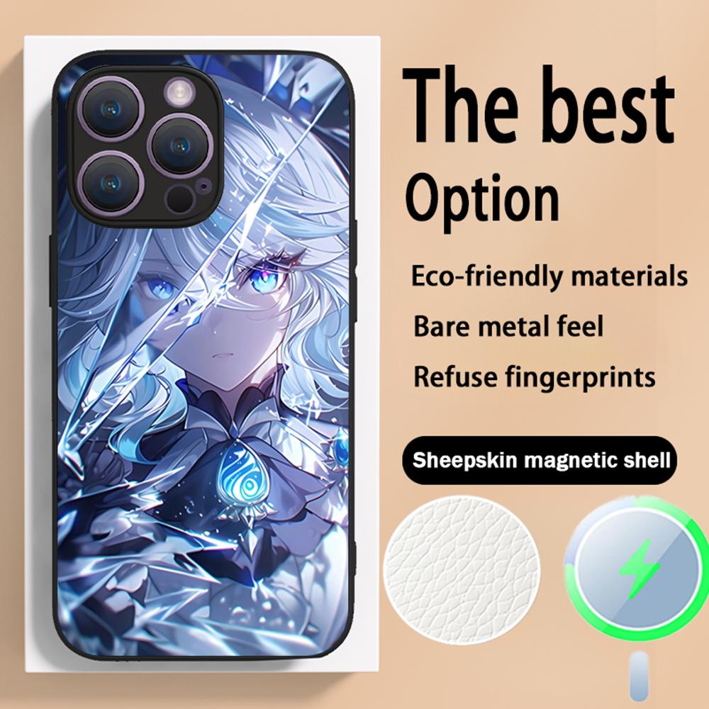 Genshin Furina game girl pattern Phone Case For iPhone 16 15 14 13 12 11 Plus Pro Max High-end Luxury Magsafe Sheepskin