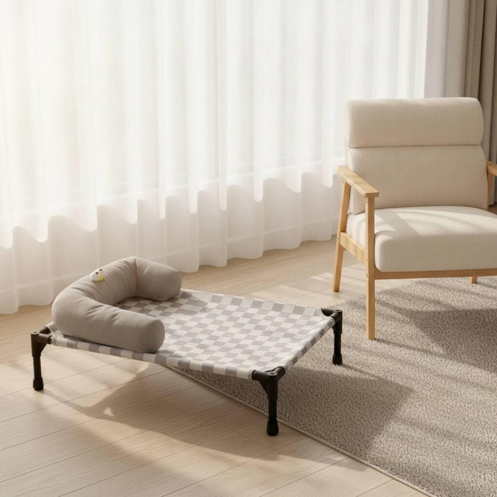 Detachable Pet Cot Raised Bed with Checkered Fabric Surface for Small Animals Sturdy Iron Frame