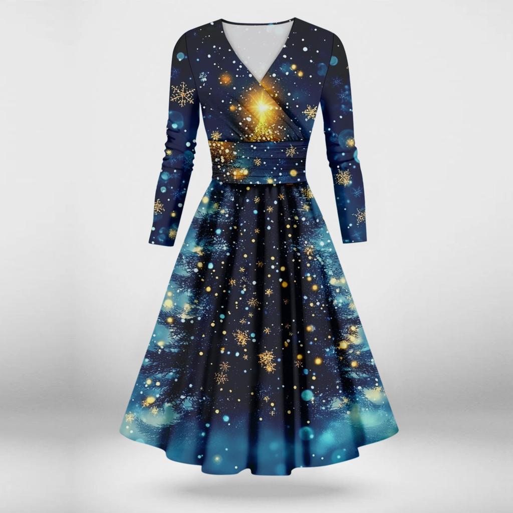 Damen-Swing-Kleid mit Weihnachtsbaum- und Schneeflocken-Print, V-Ausschnitt, schmale Passform, langärmelig