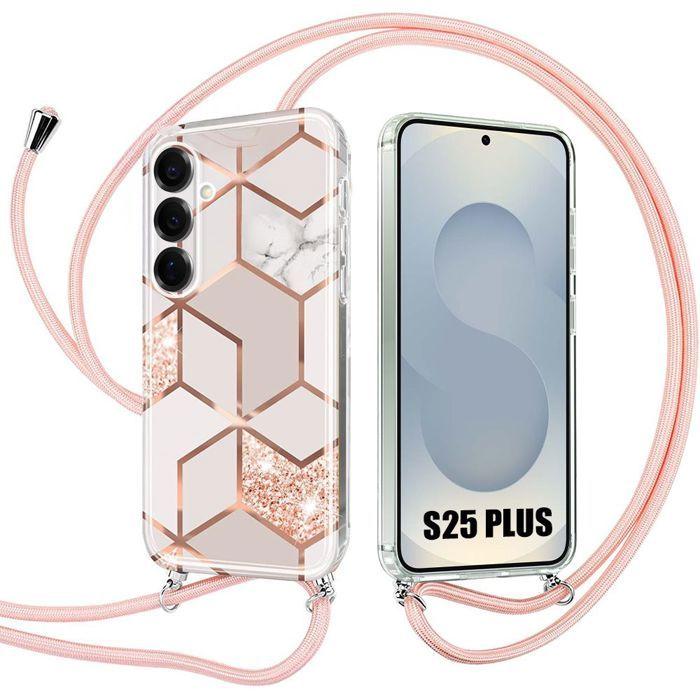 Protective Case - BOOLING - for Samsung Galaxy S25 Plus - Pink Marble Pattern - Shockproof - With Lanyard