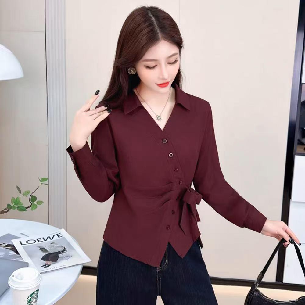 Autumn 2025 Fashion Bow Long-Sleeved Waist-Cinched Irregular Blouse