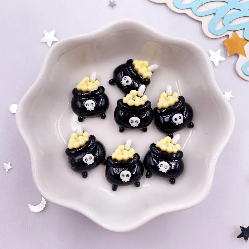 10Pcs Resin Colorful Cute Witch Hat Cat Bat Skull Figurines Flatback Stone DIY Bow Halloween Decor Scrapbook Accessories