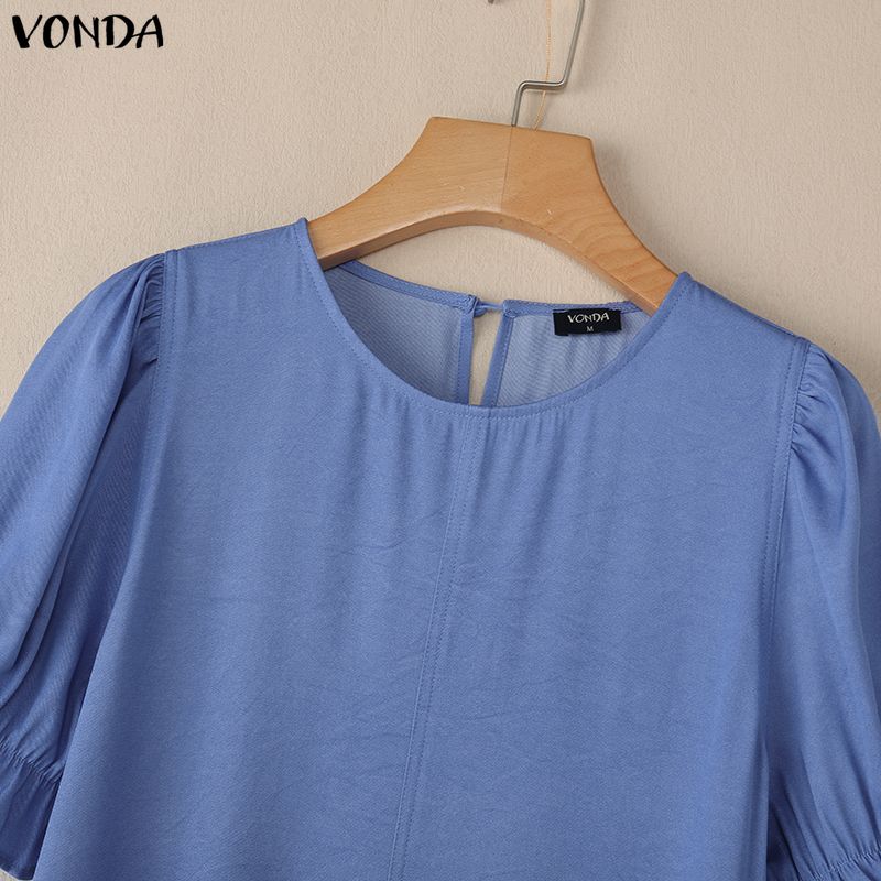 VONDA Women Elegant Round Neck Short Sleeve Ruffled H Line Casual Long Dress