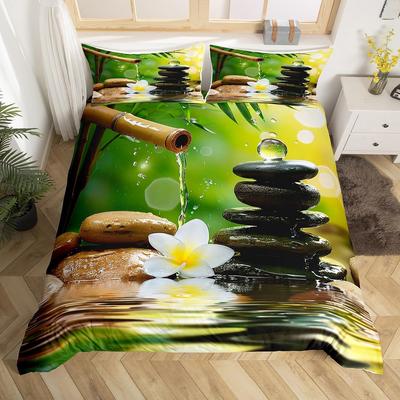 Zen Steine Bettbezug Grüner Bambusbrunnen Bettwäsche Set Einzelbett King Size Spa Stillleben Deckenbezug Natürliche Meditationssteppdecke Bezug