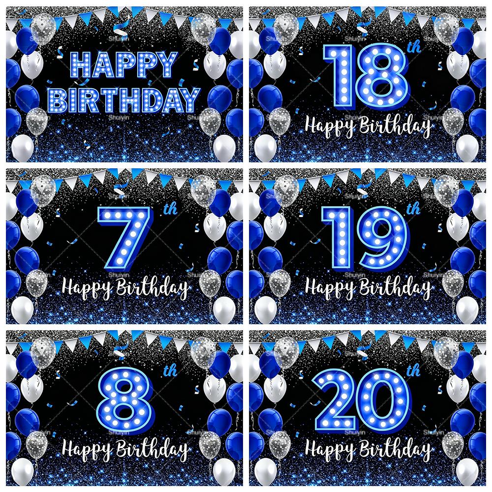 2D Alles Gute zum Geburtstag Hintergrund Schwarz Blau Luftballons Individuelles Alter Kinder Erwachsene 18. 20. 30. 40. Geburtstag Dekorationen Partyzubehör