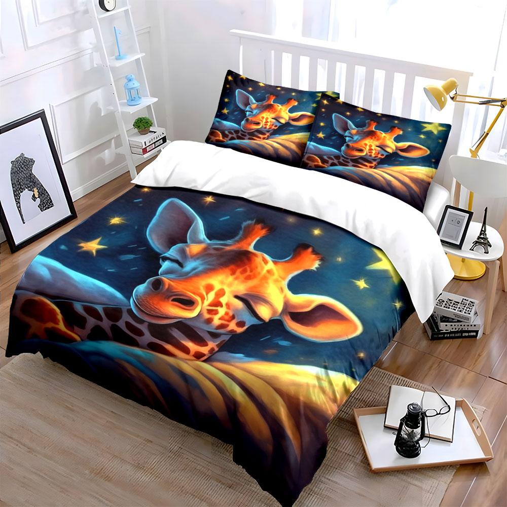 Cute Sleeping Giraffe Starry Night Sky Bedding Set 3pcs Cartoon Animal Star Soft Kids Duvet Coverking queen single doubleGift