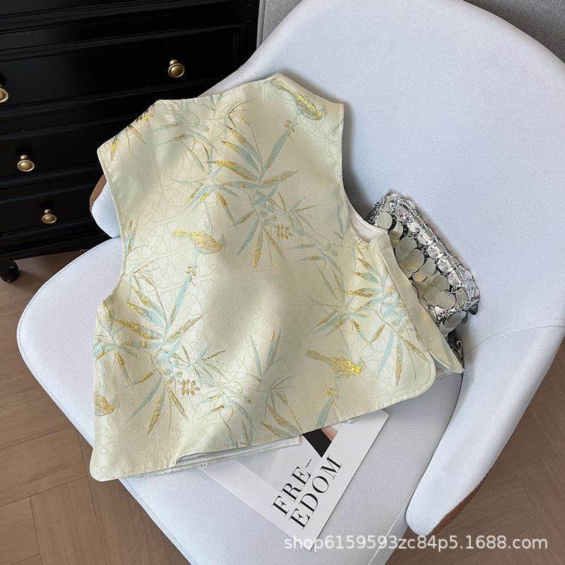 Vest vest brocade spring women's jacquard versatile retro handmade buckle top