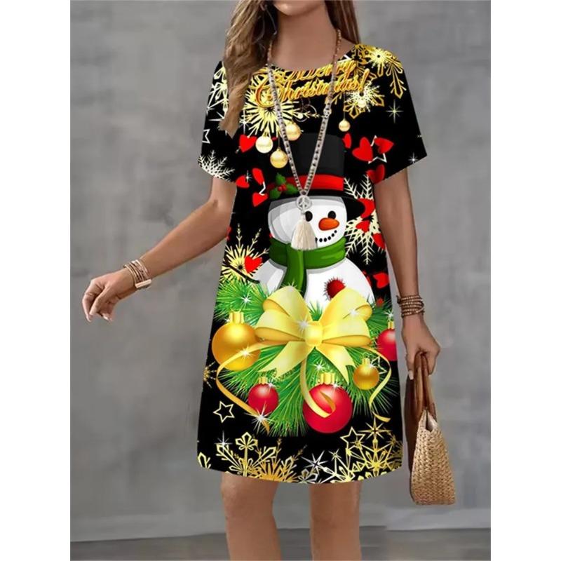 Summer Ladies 3D Printed Crew Neck Short Sleeve Dress Fashion Versatile Trend Breathable Casual