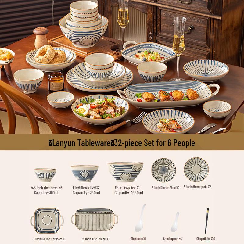 Zhishi Yunlan Japanese Underglaze Ceramic 32-Piece Tableware Set