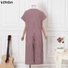 VONDA Womens V Neck Short Sleeve Casual Gingham Plaid Loose Long Wide Leg Jumpsuit Rompers