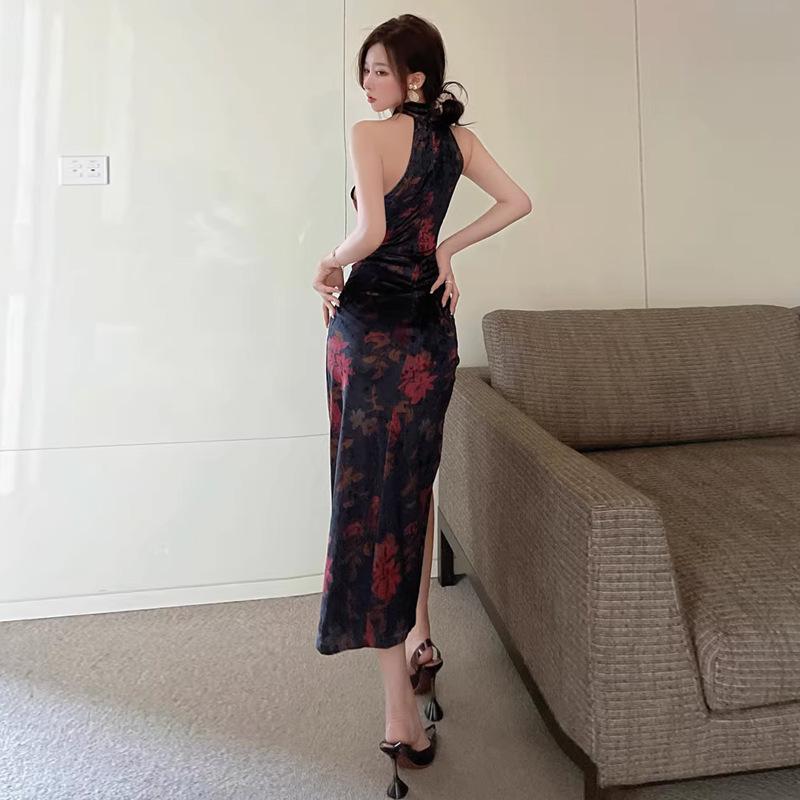 Women's retro improved cheongsam hollow split slim dress