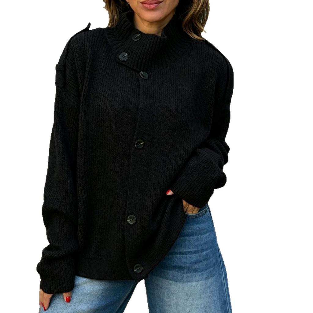 Dames Hoge Hals Asymmetrische Knopenlijst Geribbelde Gebreide Trui Losse Pasvorm Lange Mouw Top