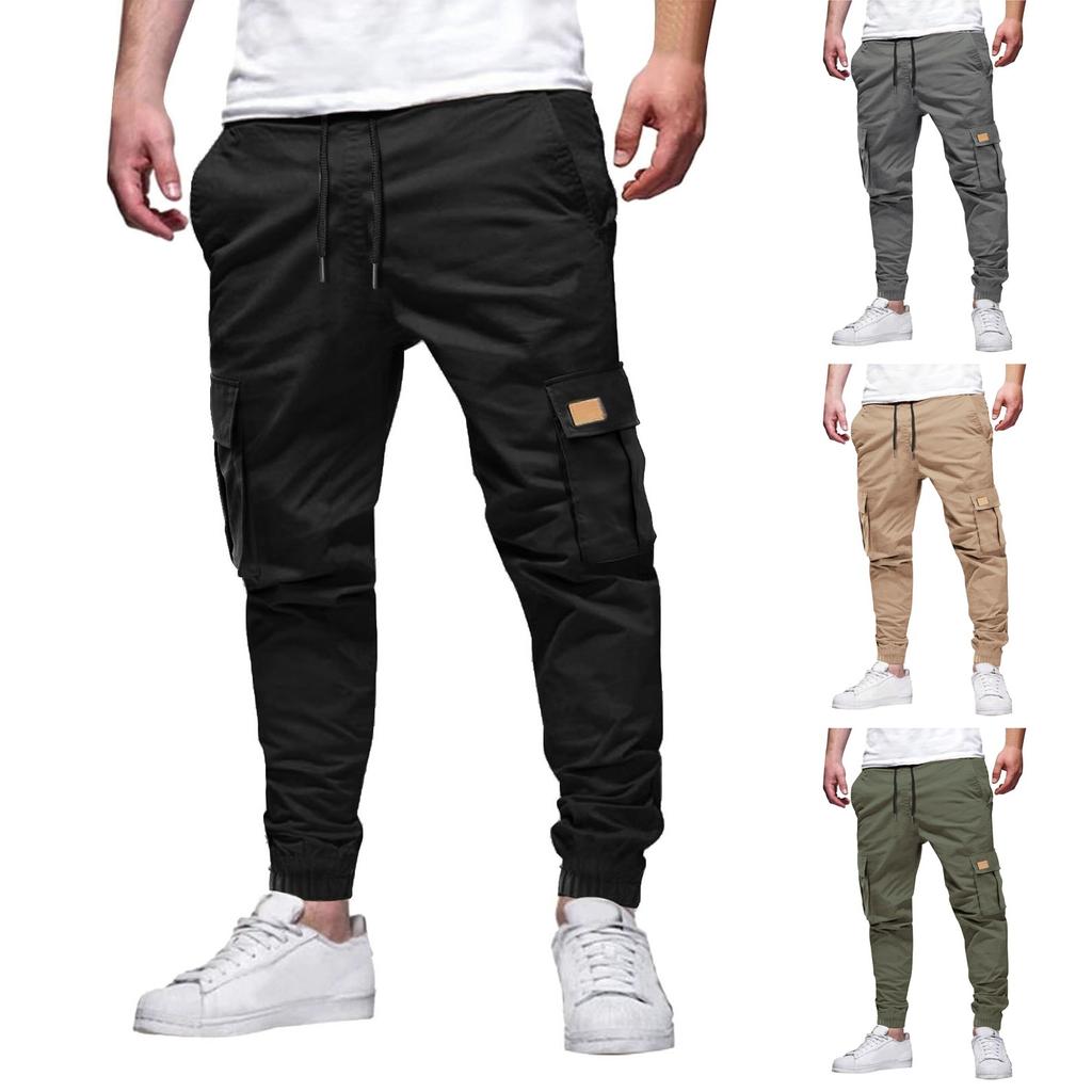 Men's Solid Color Multi-Pocket Drawstring Overalls Men's Casual Drawstring Overalls