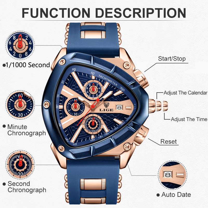 LIGE Sport Dreieck Herrenuhren Leuchtzeiger Mode Gummiarmband Militärische Unregelmäßige Quarz-Armbanduhr Wasserdichte Uhr