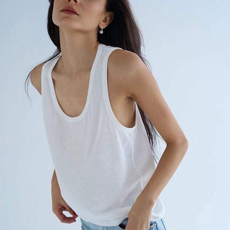 Linen French Style UK Spaghetti Strap Cotton Top Cami Sexy White U Collar Thread Export Brown