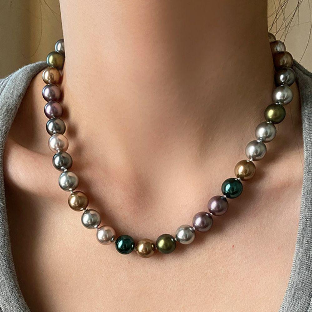 High-gloss Mixed-Color Pearl Necklace Metallic Sheen Pearl Neckchain  Banquet