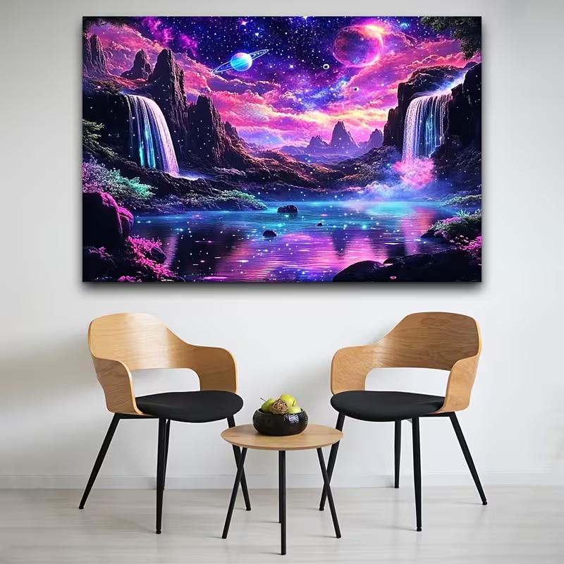 2D Dreamy Galaxy Waterfall Landscape Wall Hanging, Neon Fantasy Space Wilderness Home Background Tapestry