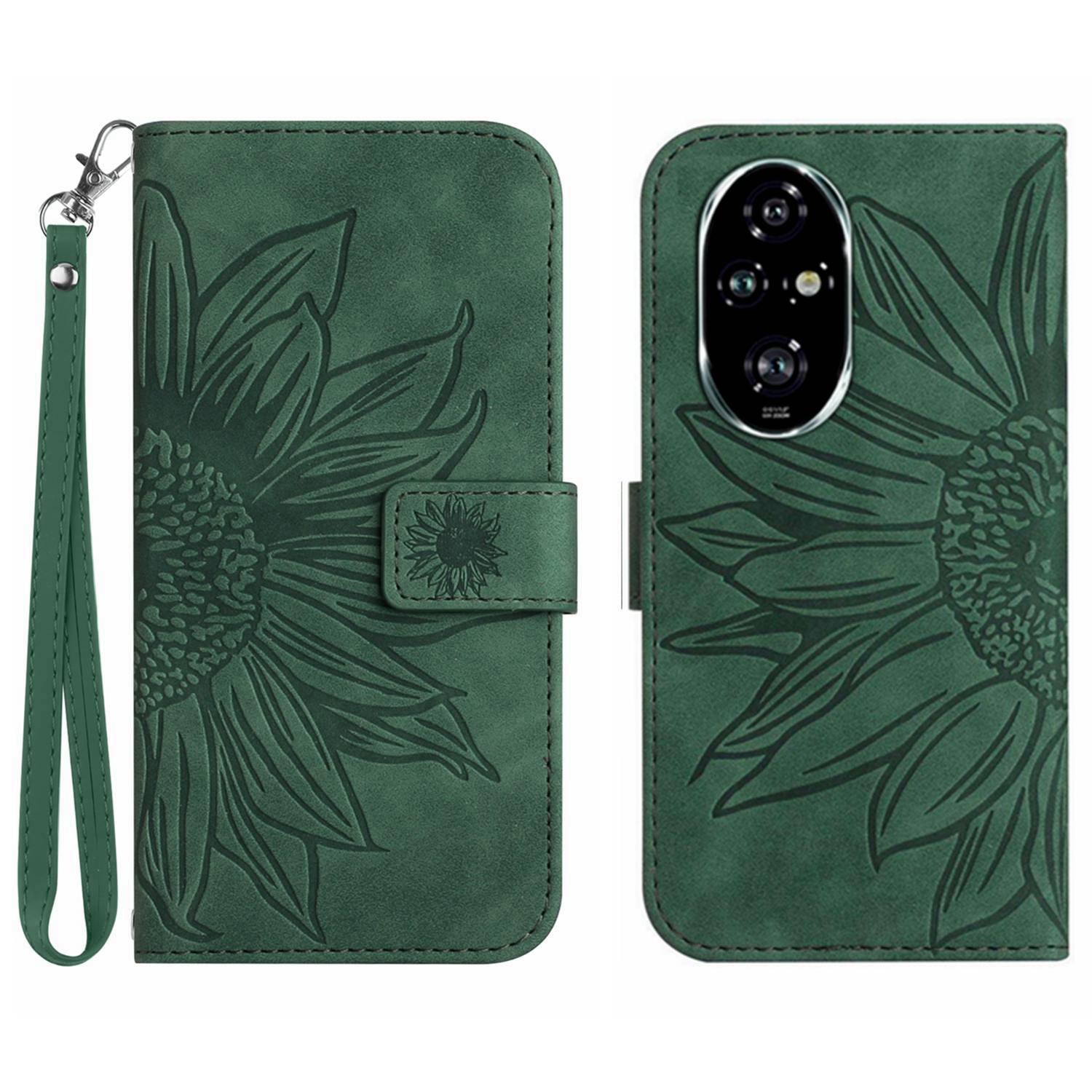 

HT04 For Honor 200 Pro 5G Case Sunflower Leather Phone Cover with Hand Strap Dark Green