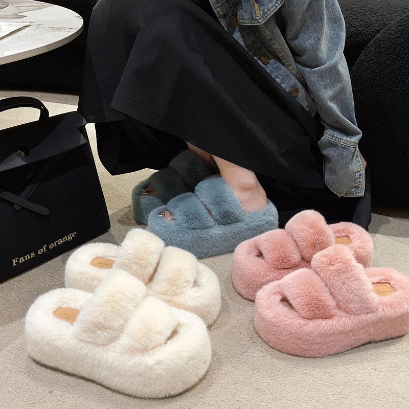 Cm Thick Bottom Fluffy Slippers Women's Muffin Bottom Large Size Parallel Bars Thickened Plush Flat Bottom One Word Warm Cotton Mop