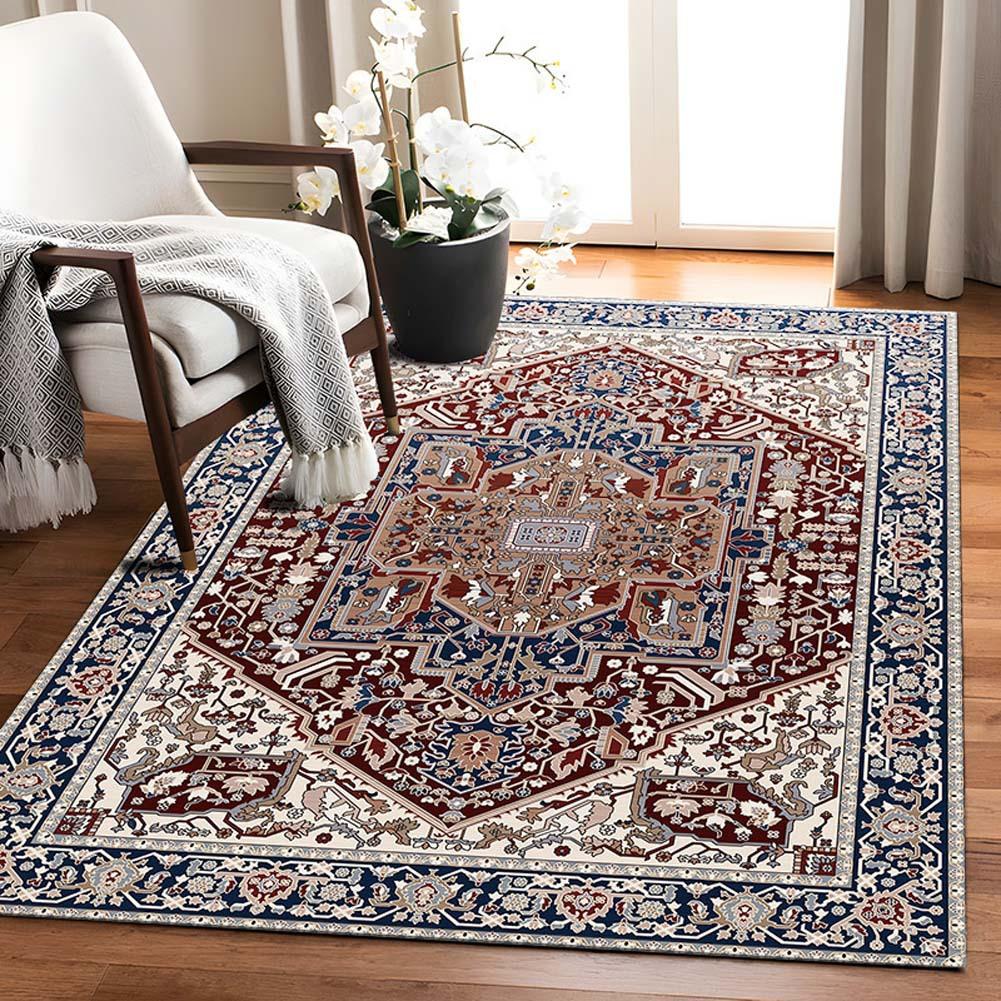 The living room sofa is extensively covered with carpet