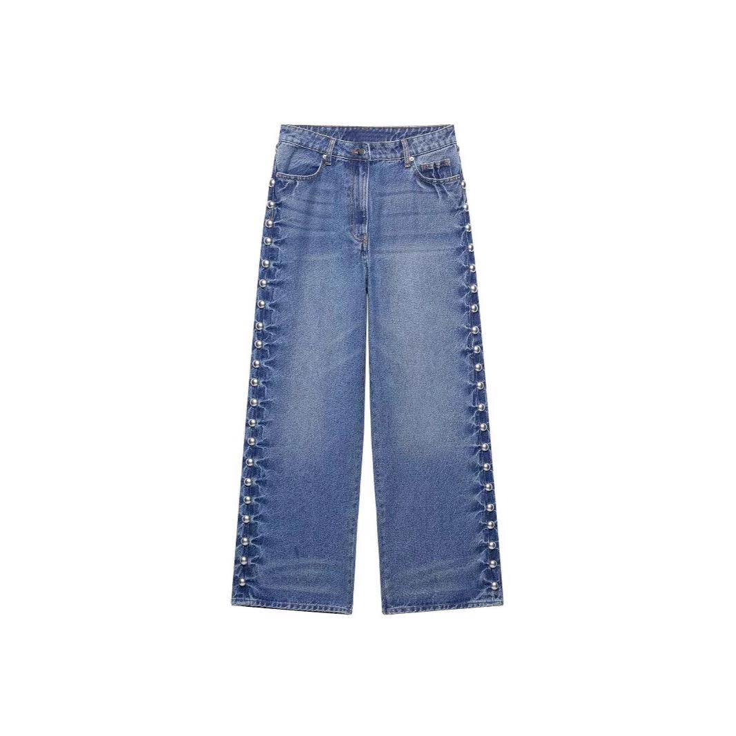 

TAOP&ZA Women s Summer Fashion Rivet Denim Straight-Leg Pants Medium