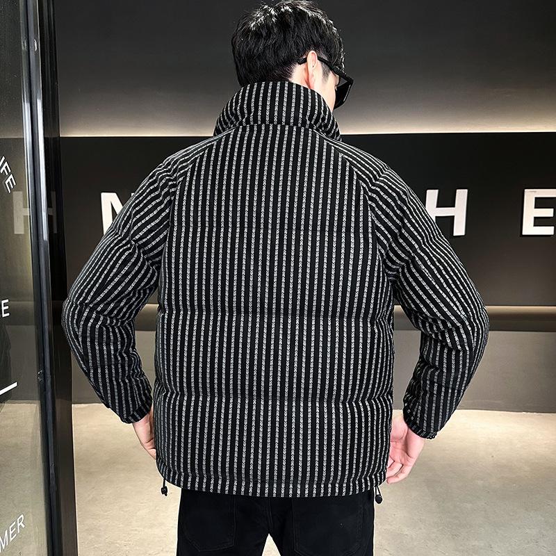 Trendy Brand Men's 2025 Winter White Duck Down Striped Puffer Jacket with Gold Thread and Soft Fur