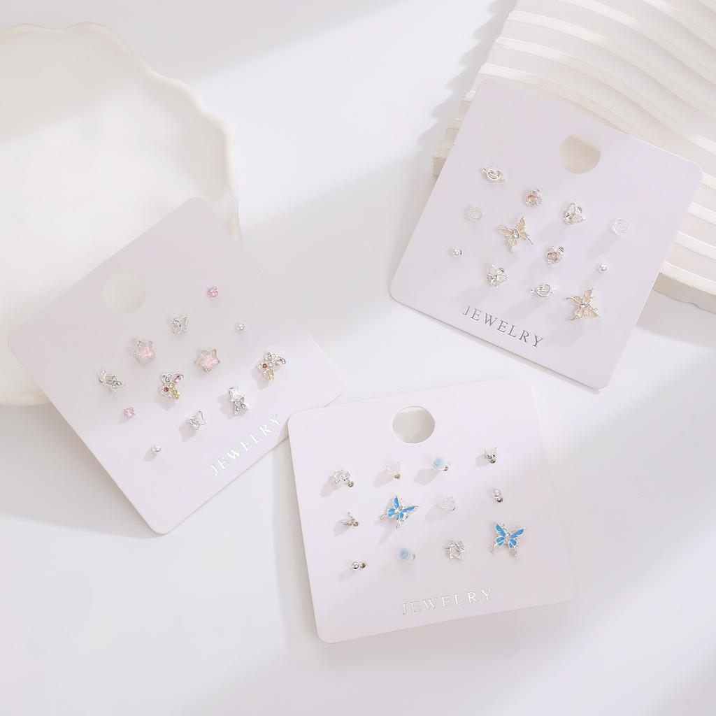 Cute Y2K Butterfly Star Lovely Pearl Stud Earrings for Women Girls Exquisite Mini Earrings Crystal Earrings Set Jewelry Gift