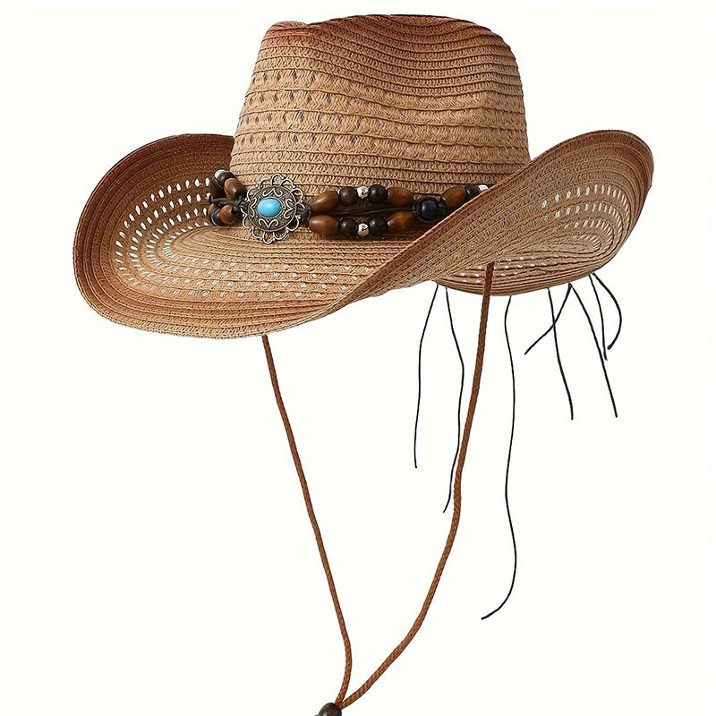 Decorative Beaded Straw Cowboy Hats Women Men Summer UV Protection Beach Holiday Sun Caps Outdoor Wide Brim Cowgirl Hats