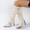 Fashion Sexy Black Pointed Toe Knee High Boots Women Fashion Belt Buckle Thin Heel Long Boots Woman Pu Leather High Heel Botas Mujer 42