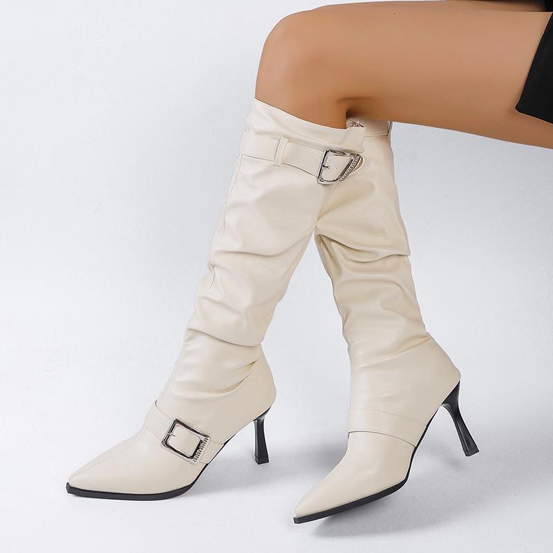 Fashion Sexy Black Pointed Toe Knee High Boots Women Fashion Belt Buckle Thin Heel Long Boots Woman Pu Leather High Heel Botas Mujer 42