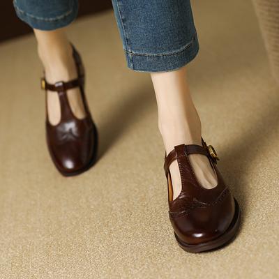 Fashion 2024 New Spring Genuine Leather Women Pumps Shoes for Women Round Toe Chunky Heel Retro Mary Janes Block Leather Shoes Shallow