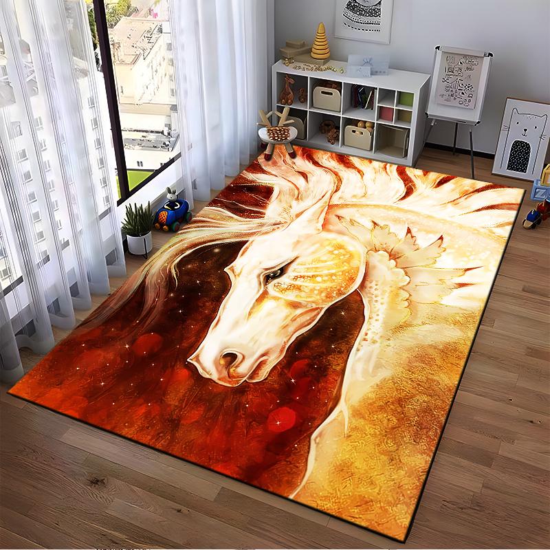 Majestic White Horse Carpet with Fiery Golden Artistic Design Suitable for use as an anti-slip for living room bedroom sofas