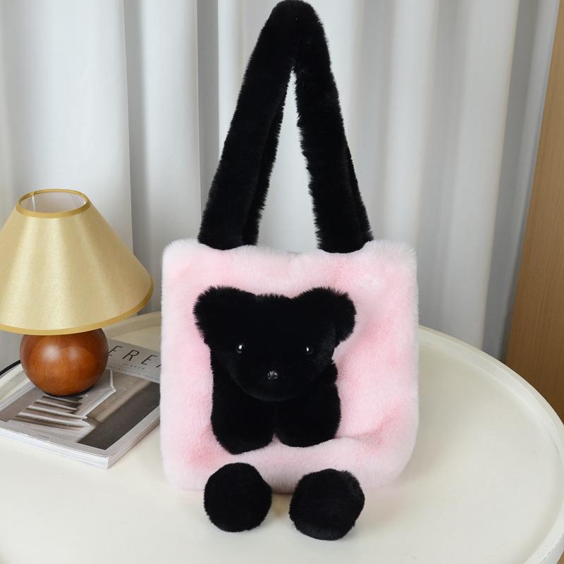 New Plush Doll Shoulder Bag Cute Niche Oblique Straddle Women's Bag Imitation Mink Hair Contrasting Color Bear Doll Tote Bag