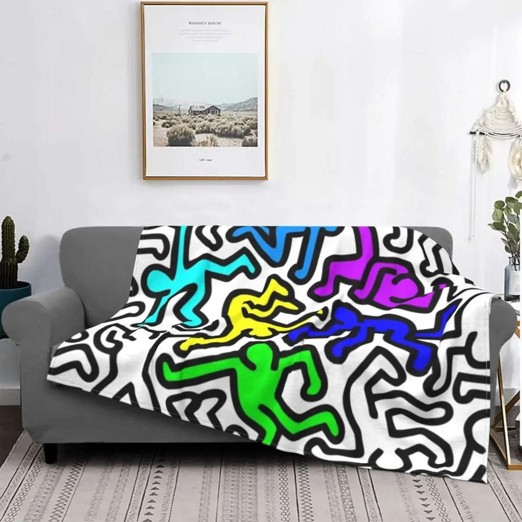 Dancing In The Wind Colorful Theme Flannel Throw Blanket Soft Cozy Haring Geometric Paintings Art for Bedroom Couch Home Decor