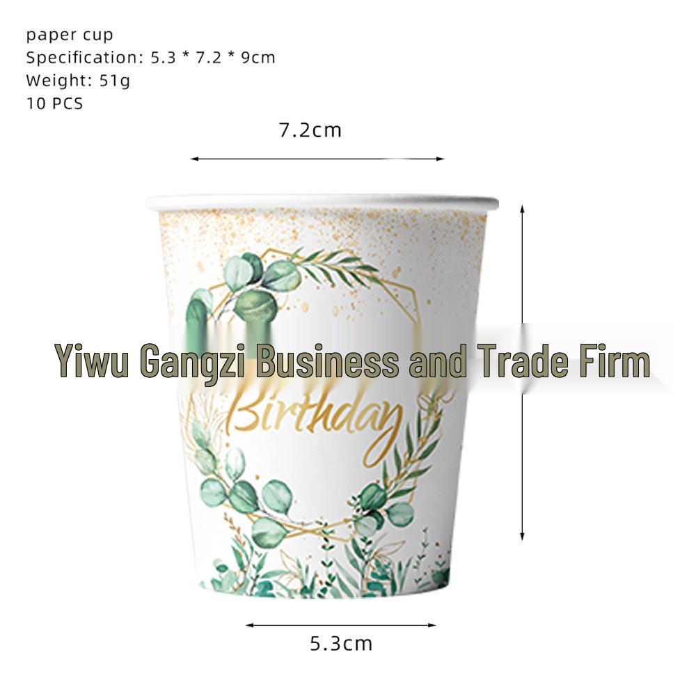 Eucalyptus Leaf Party Tableware: Napkins, Cups, Tablecloth, Cutlery, and Flags for Birthday Celebrations.