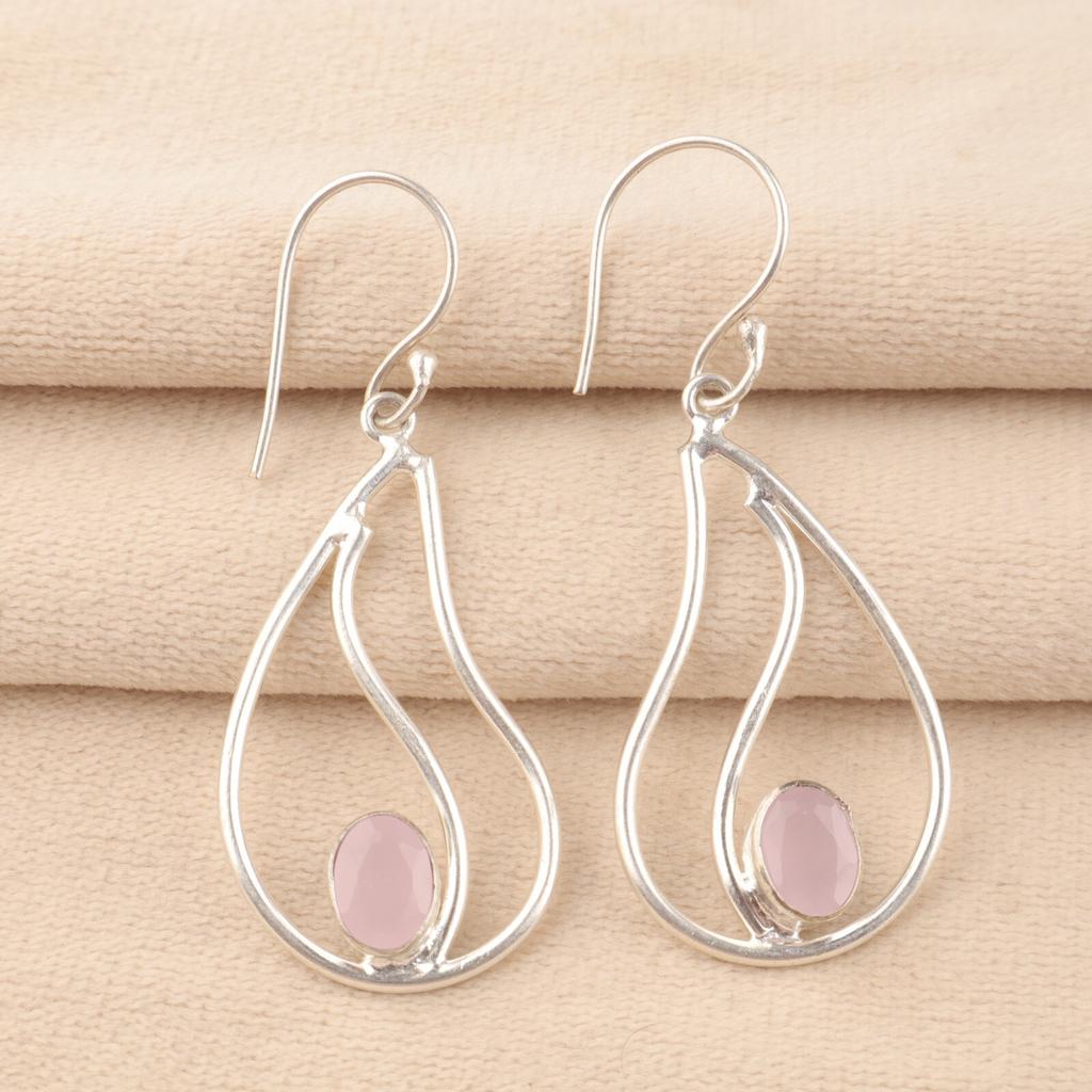 Oval Rose Chalcedony Gemstone Sterling Silver Artisan Birthday Dangling Earrings EE-139-15