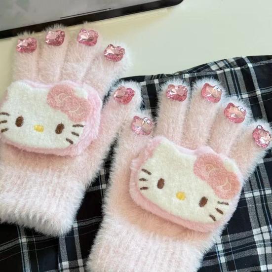 Dziewczęce kreskówkowe rękawiczki z kotkiem, urocze pluszowe rękawiczki z kotem, puszyste ciepłe rękawiczki z cyrkoniami w kształcie głowy kota dla kobiet na zimę, do codziennych sprawunków