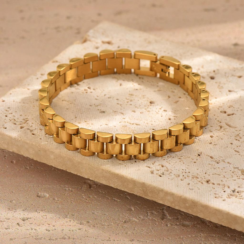 Glamorous Hip Hop Light Luxury Niche Premium Feeling Stainless Steel 18K Gold Plated Watch Chain Bracelet For Men And Women