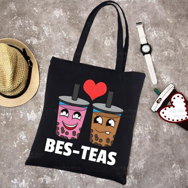 Boba Milk Tea Canvas Black Shopping Cartoon Cute Tote Bag Reusable Shoulder Bubble Tea Cloth Book Bag Gift Handbag