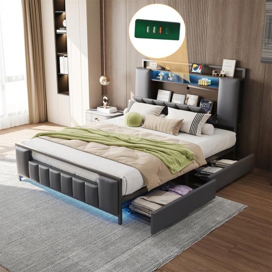 Upholstery Bed 160x200 Cm, Multifunctional Bed with LED Light, USB Socket, Drawers, Solid Iron Bed Frame, Youth Bed, Adult Bed, Double Bed, Synthetic