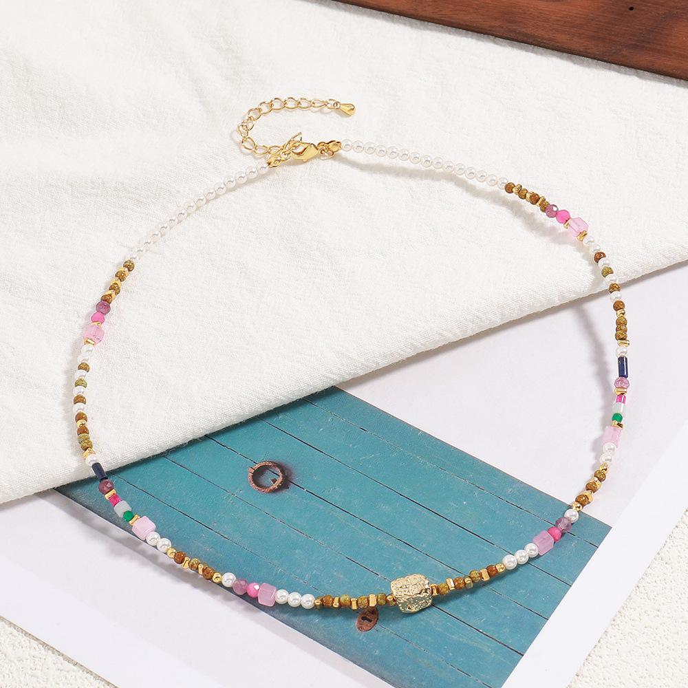 GEMCHIC Women's Colorful Natural Stone Beaded Necklace, Irregular Handmade Geometric Pendant Chain for Summer Vacation