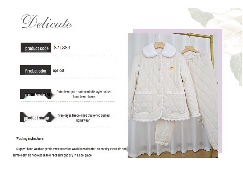 Quilted Women's Winter Pajamas Set: Three-Layer Thick Long-Sleeve Cotton Jacket with Plush Lining