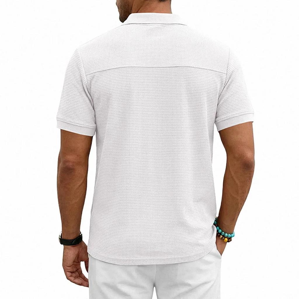 Men's Breathable Waffle Knit Polo Shirt Short Sleeve Button Placket Chest Pocket Loose Fit Summer Tops