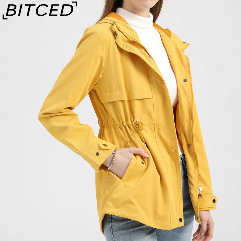 BITCED Lightweight Trench Coat Mid-Length Hooded Jacket Long Sleeves Fitted Waist Outdoor Rainproof Clothing
